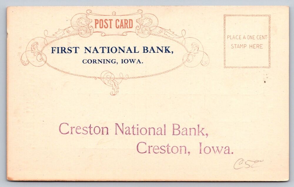 1907 First National Bank Corning Iowa to Creston National Bank Banking Postcard